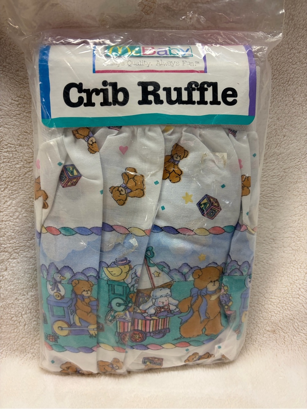 Vintage Mc Baby Crib Ruffle - White with Pastel Teddy Bear Print